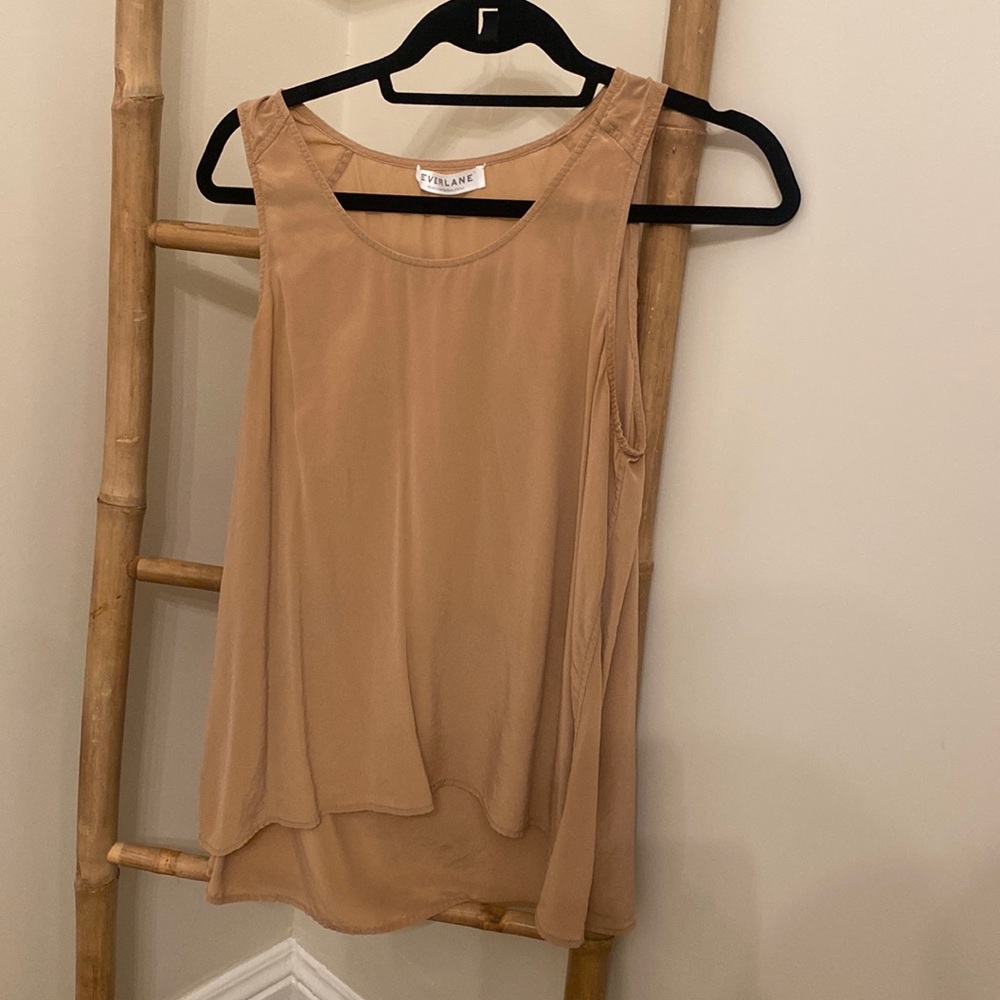 Gently used beige silk sleeveless long shirt/tunic.